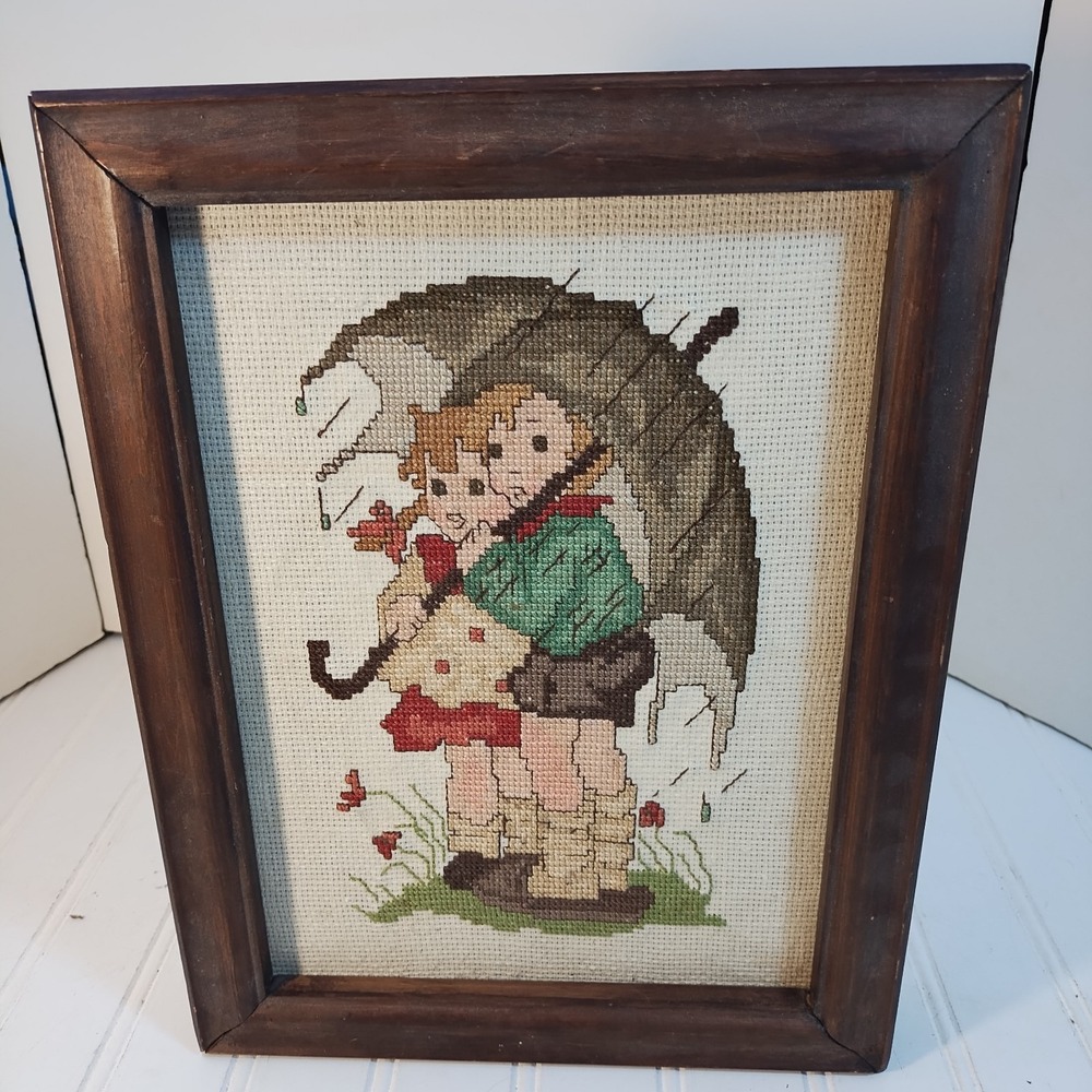 VTG Framed Hummel Cross Stitch Finished Stormy Weather Needlepoint 10x13 Art